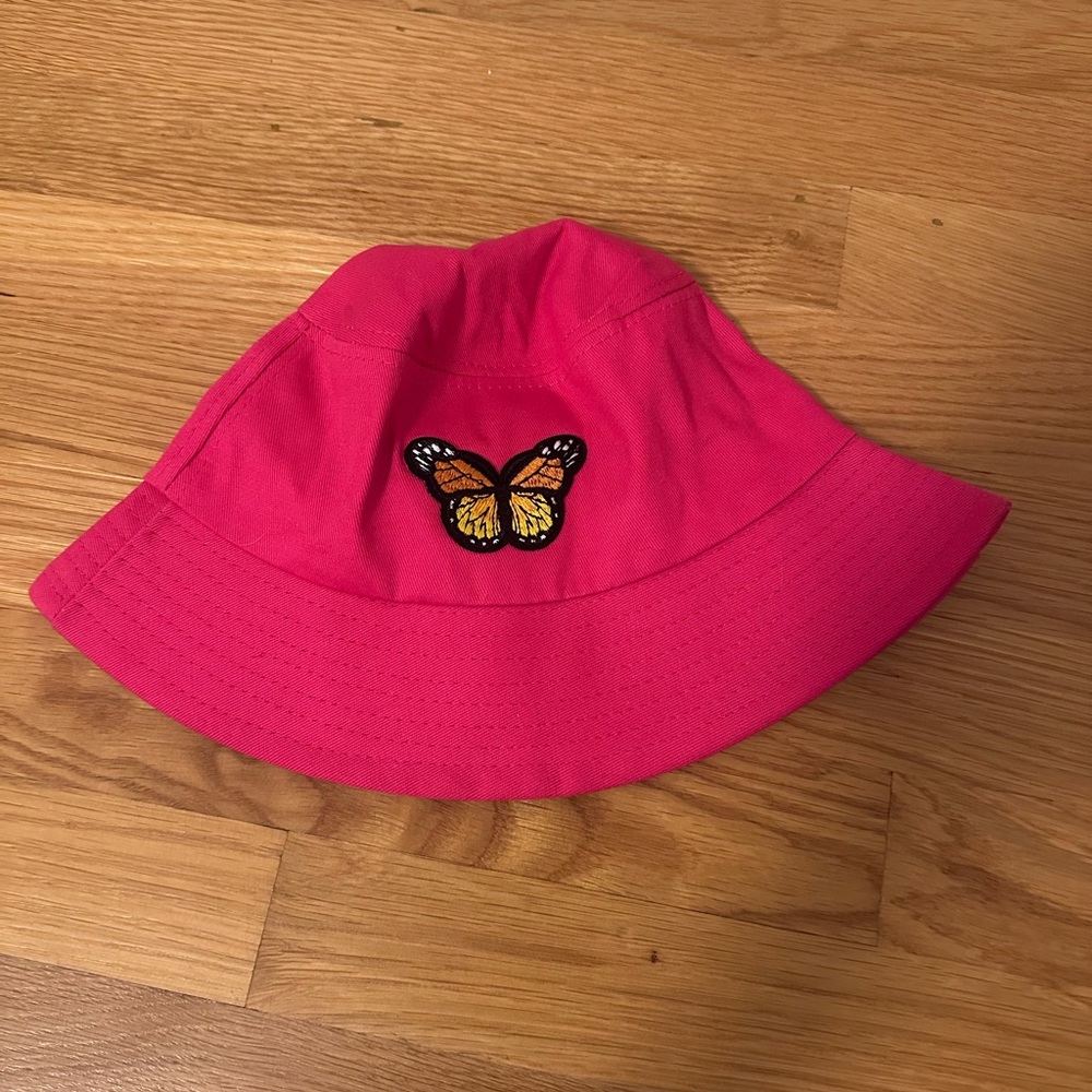 Bright Pink Butterfly Embroidered Bucket Hat